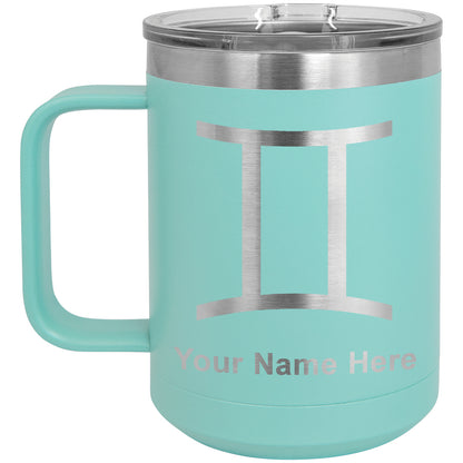15oz Vacuum Insulated Coffee Mug, Zodiac Sign Gemini, Personalized Engraving Included