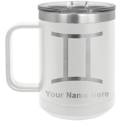 15oz Vacuum Insulated Coffee Mug, Zodiac Sign Gemini, Personalized Engraving Included
