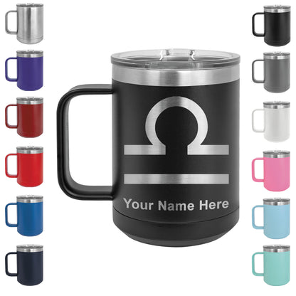15oz Vacuum Insulated Coffee Mug, Zodiac Sign Libra, Personalized Engraving Included