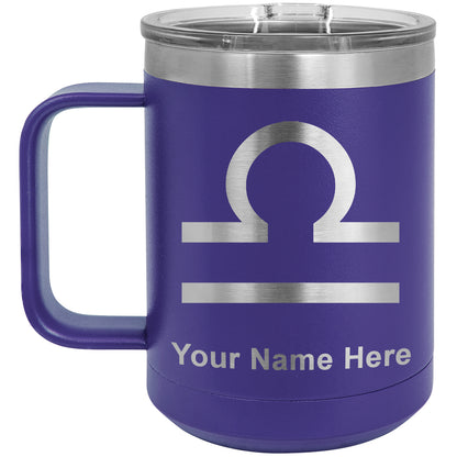 15oz Vacuum Insulated Coffee Mug, Zodiac Sign Libra, Personalized Engraving Included