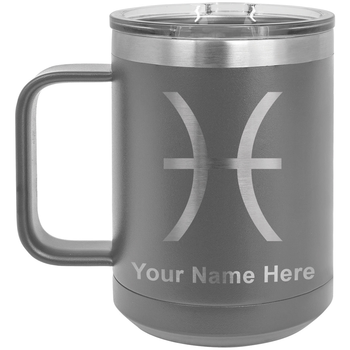 15oz Vacuum Insulated Coffee Mug, Zodiac Sign Pisces, Personalized Engraving Included