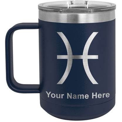 15oz Vacuum Insulated Coffee Mug, Zodiac Sign Pisces, Personalized Engraving Included