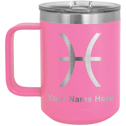 15oz Vacuum Insulated Coffee Mug, Zodiac Sign Pisces, Personalized Engraving Included