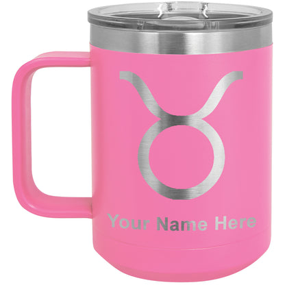 15oz Vacuum Insulated Coffee Mug, Zodiac Sign Taurus, Personalized Engraving Included