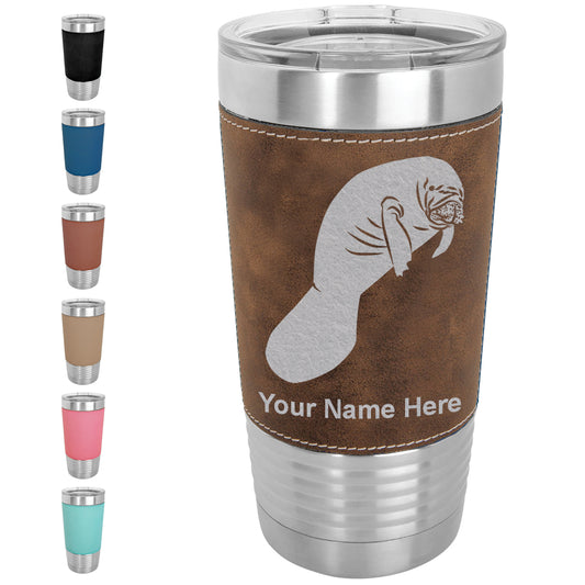 20oz Faux Leather Tumbler Mug, Manatee, Personalized Engraving Included - LaserGram Custom Engraved Gifts