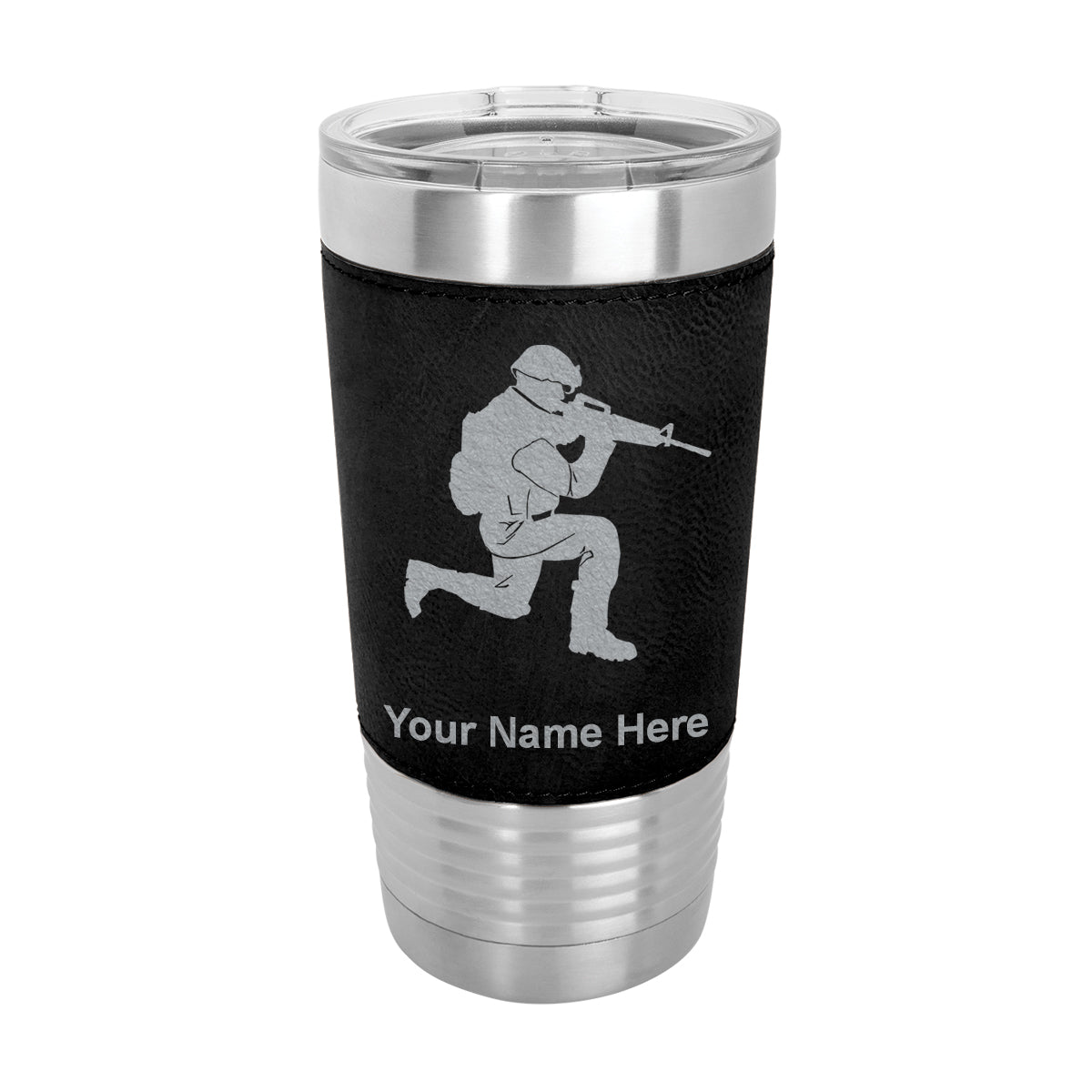 20oz Faux Leather Tumbler Mug, Military Soldier, Personalized Engraving Included - LaserGram Custom Engraved Gifts