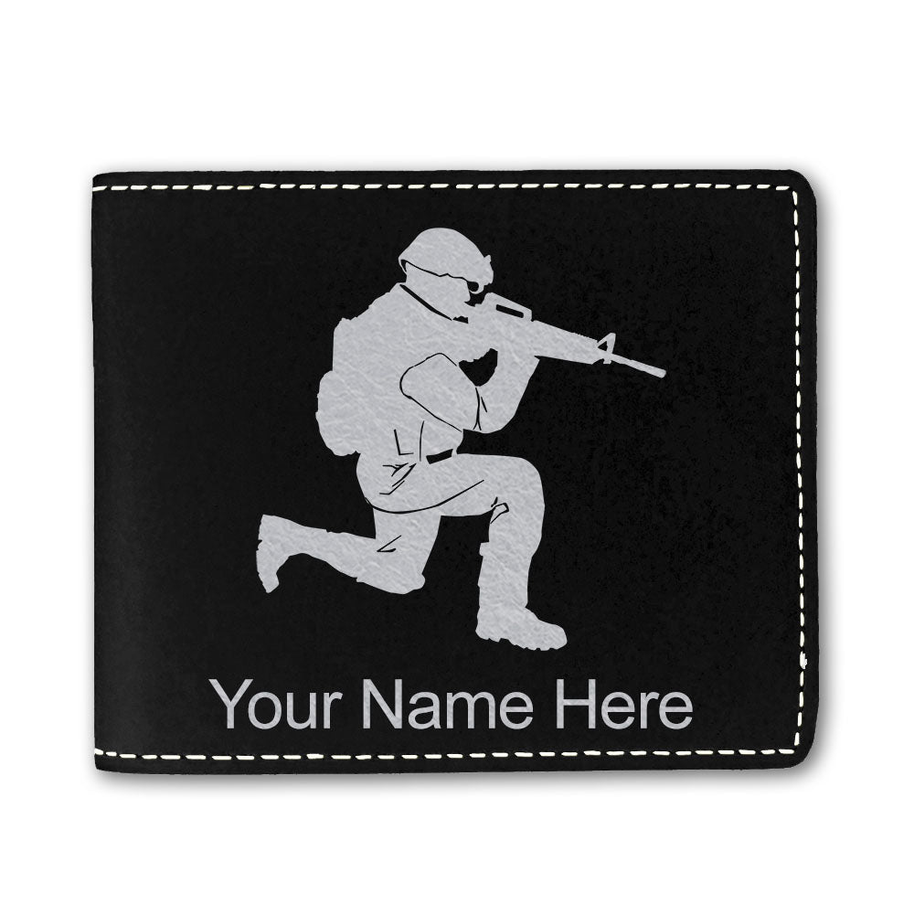 Faux Leather Bi-Fold Wallet, Military Soldier, Personalized Engraving Included