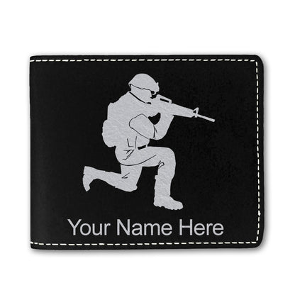 Faux Leather Bi-Fold Wallet, Military Soldier, Personalized Engraving Included