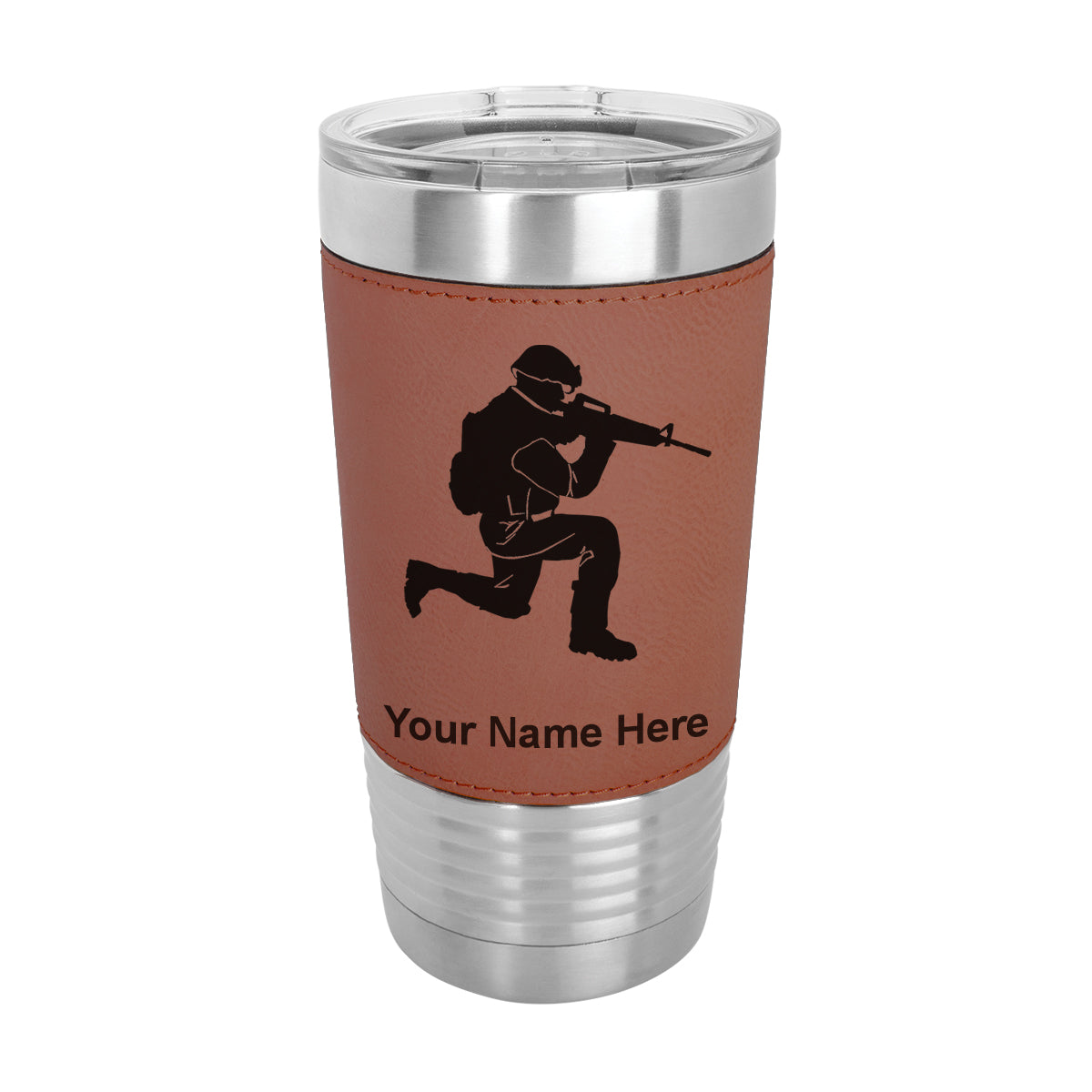20oz Faux Leather Tumbler Mug, Military Soldier, Personalized Engraving Included - LaserGram Custom Engraved Gifts