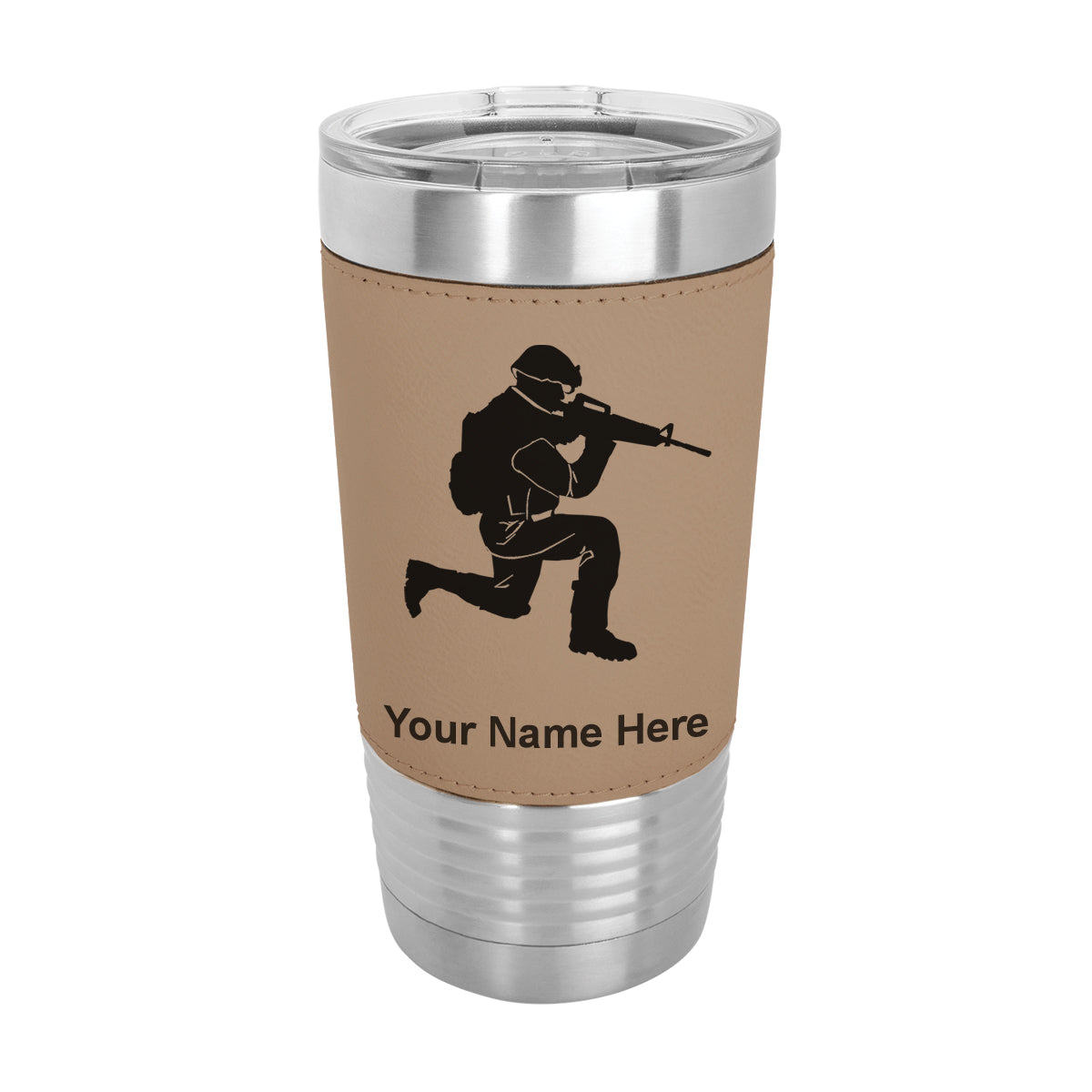 20oz Faux Leather Tumbler Mug, Military Soldier, Personalized Engraving Included - LaserGram Custom Engraved Gifts