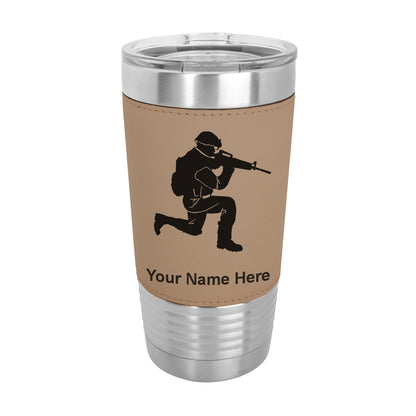 20oz Faux Leather Tumbler Mug, Military Soldier, Personalized Engraving Included - LaserGram Custom Engraved Gifts