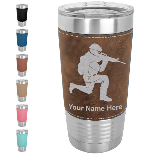 20oz Faux Leather Tumbler Mug, Military Soldier, Personalized Engraving Included - LaserGram Custom Engraved Gifts