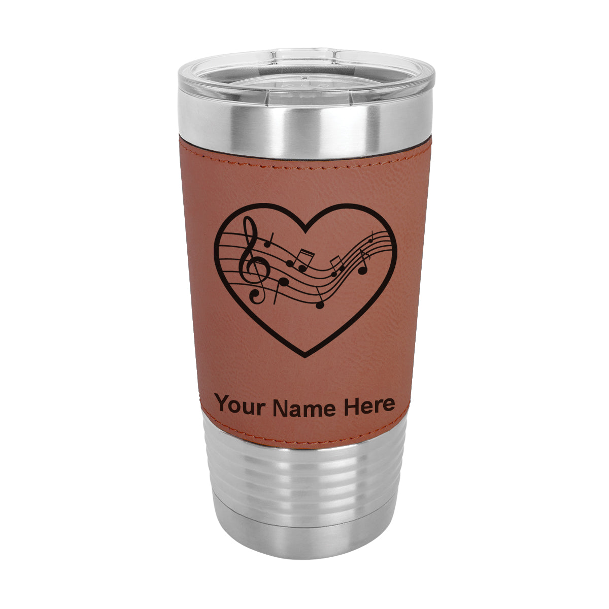 20oz Faux Leather Tumbler Mug, Music Staff Heart, Personalized Engraving Included - LaserGram Custom Engraved Gifts