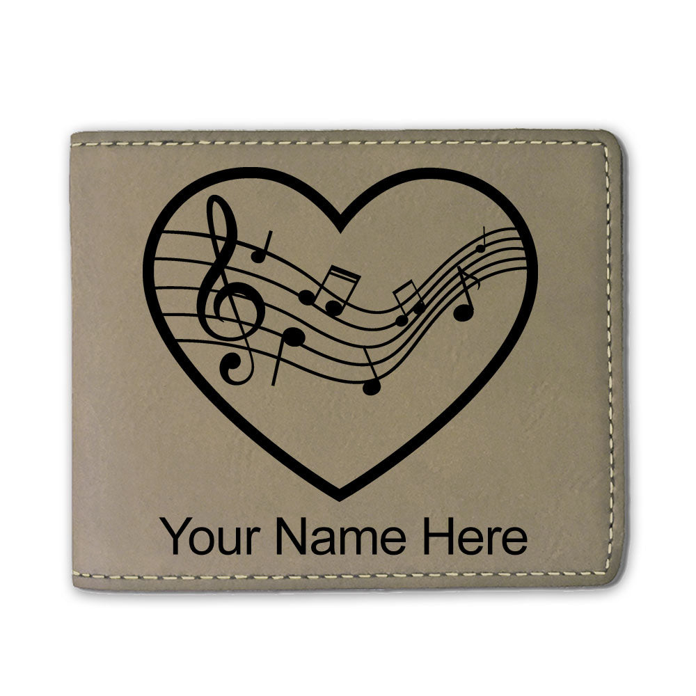 Faux Leather Bi-Fold Wallet, Music Staff Heart, Personalized Engraving Included