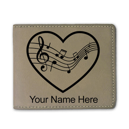 Faux Leather Bi-Fold Wallet, Music Staff Heart, Personalized Engraving Included