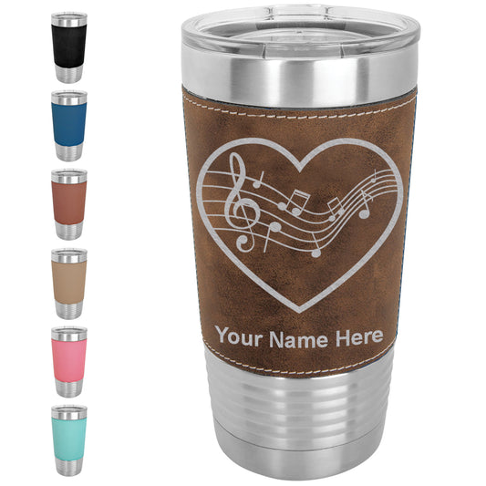 20oz Faux Leather Tumbler Mug, Music Staff Heart, Personalized Engraving Included - LaserGram Custom Engraved Gifts