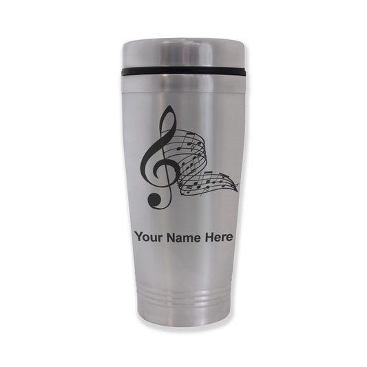Commuter Travel Mug, Musical Notes, Personalized Engraving Included