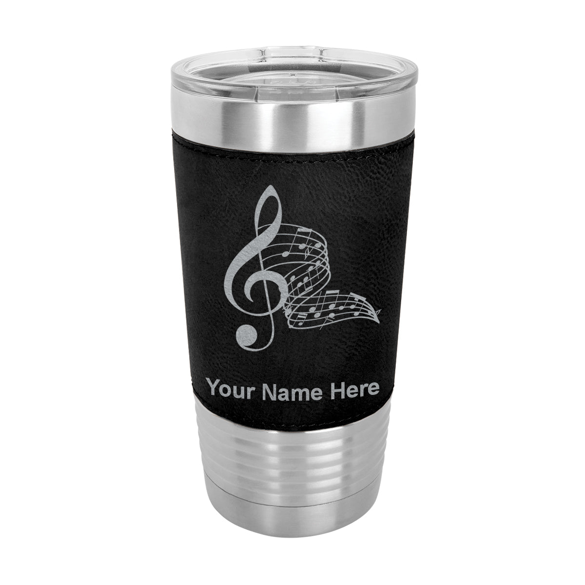 20oz Faux Leather Tumbler Mug, Musical Notes, Personalized Engraving Included - LaserGram Custom Engraved Gifts