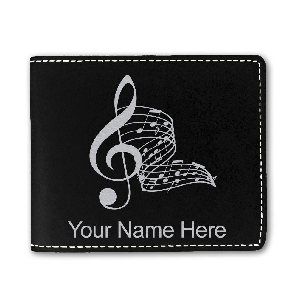 Faux Leather Bi-Fold Wallet, Musical Notes, Personalized Engraving Included