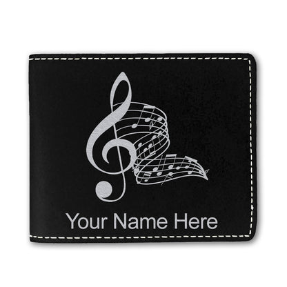 Faux Leather Bi-Fold Wallet, Musical Notes, Personalized Engraving Included