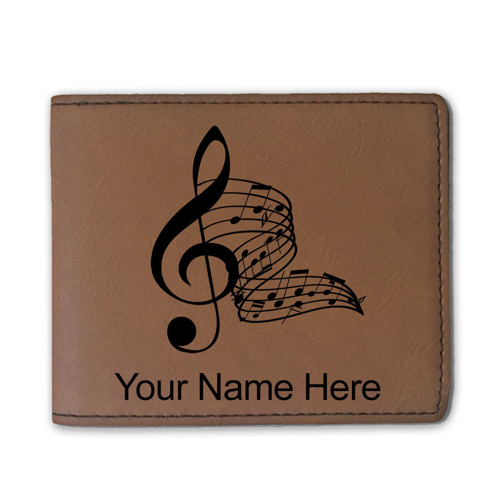 Faux Leather Bi-Fold Wallet, Musical Notes, Personalized Engraving Included