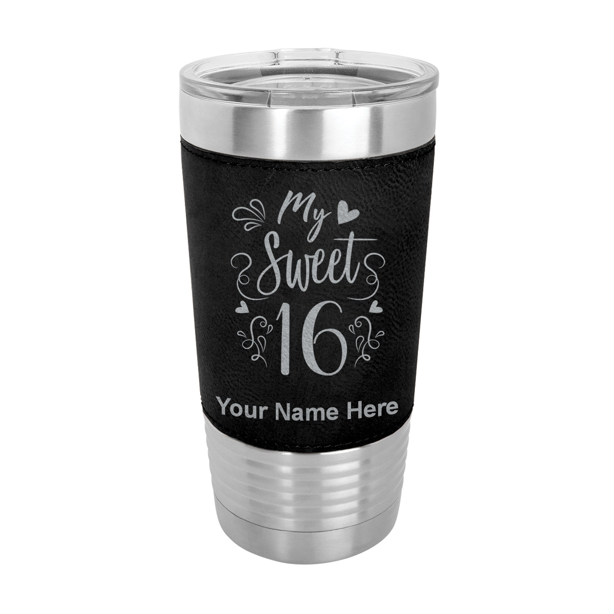 20oz Faux Leather Tumbler Mug, My Sweet 16, Personalized Engraving Included - LaserGram Custom Engraved Gifts