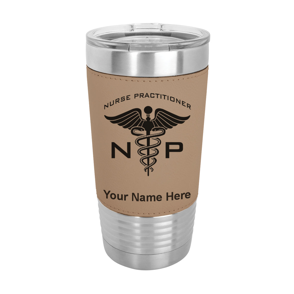 20oz Faux Leather Tumbler Mug, NP Nurse Practitioner, Personalized Engraving Included - LaserGram Custom Engraved Gifts