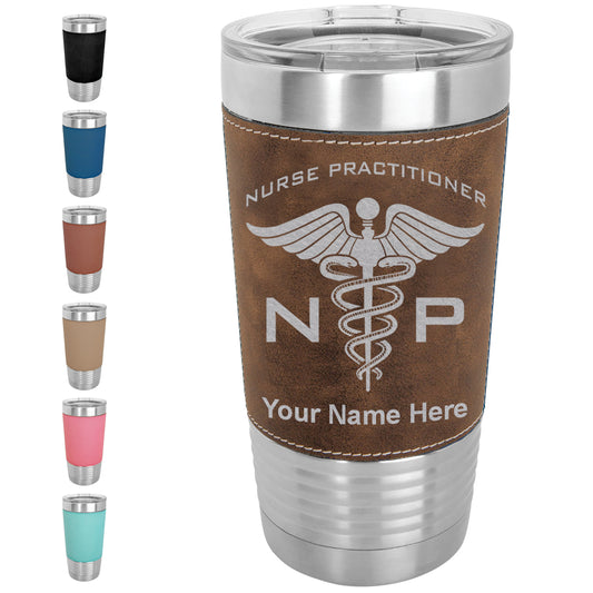 20oz Faux Leather Tumbler Mug, NP Nurse Practitioner, Personalized Engraving Included - LaserGram Custom Engraved Gifts