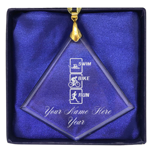 LaserGram Christmas Ornament, Swim Bike Run Vertical, Personalized Engraving Included (Diamond Shape)