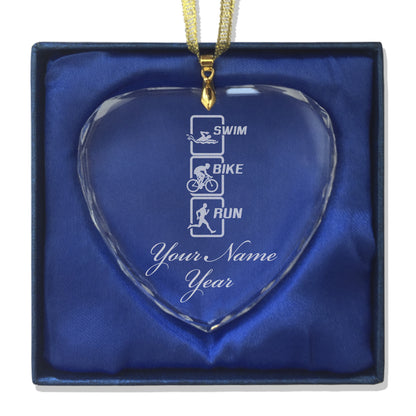 LaserGram Christmas Ornament, Swim Bike Run Vertical, Personalized Engraving Included (Heart Shape)