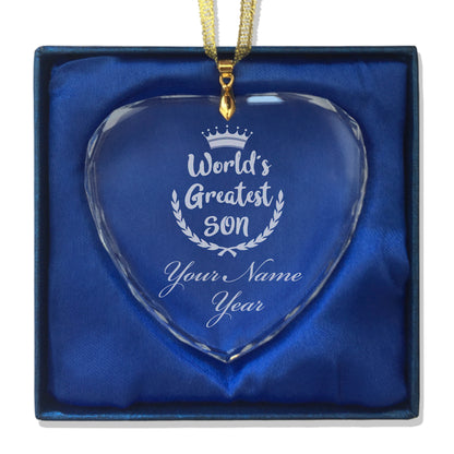 LaserGram Christmas Ornament, World's Greatest Son, Personalized Engraving Included (Heart Shape)