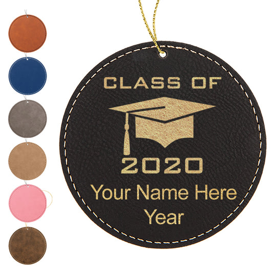 LaserGram Christmas Ornament, Grad Cap Class of 2020, Personalized Engraving Included (Faux Leather, Round Shape)