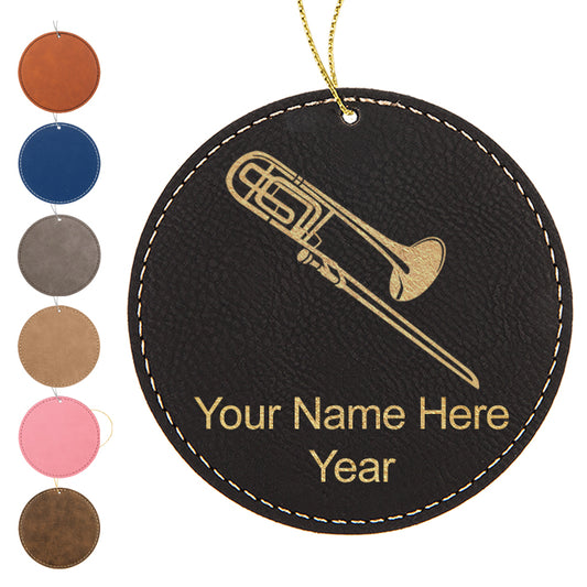 LaserGram Christmas Ornament, Trombone, Personalized Engraving Included (Faux Leather, Round Shape)