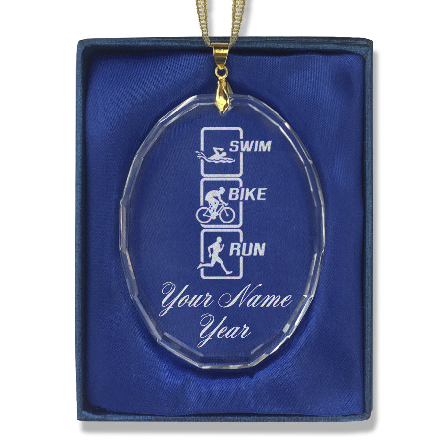 LaserGram Christmas Ornament, Swim Bike Run Vertical, Personalized Engraving Included (Oval Shape)