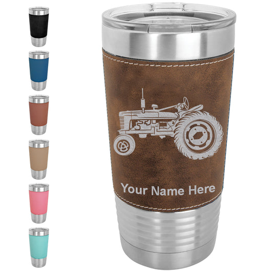20oz Faux Leather Tumbler Mug, Old Farm Tractor, Personalized Engraving Included - LaserGram Custom Engraved Gifts