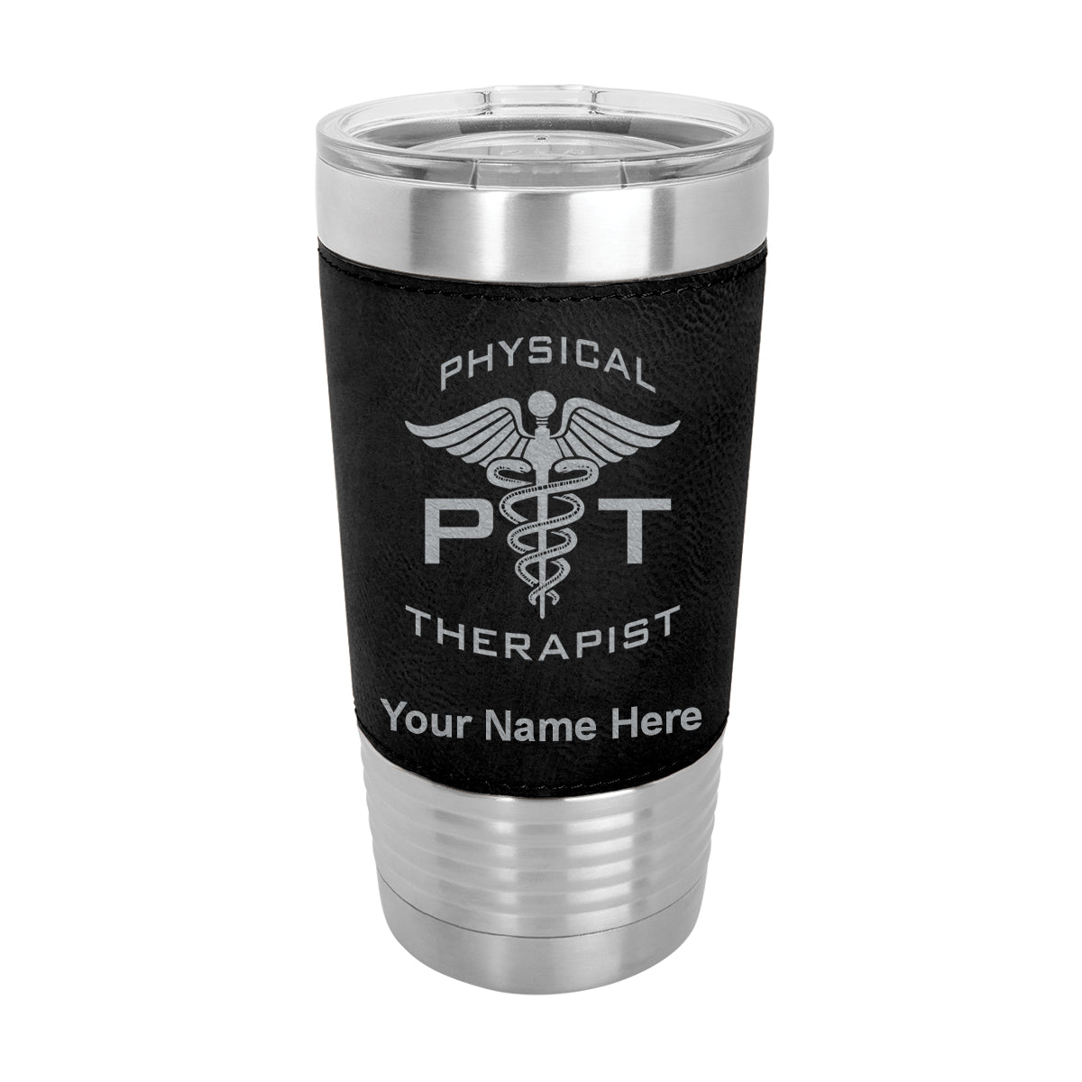 20oz Faux Leather Tumbler Mug, PT Physical Therapist, Personalized Engraving Included - LaserGram Custom Engraved Gifts