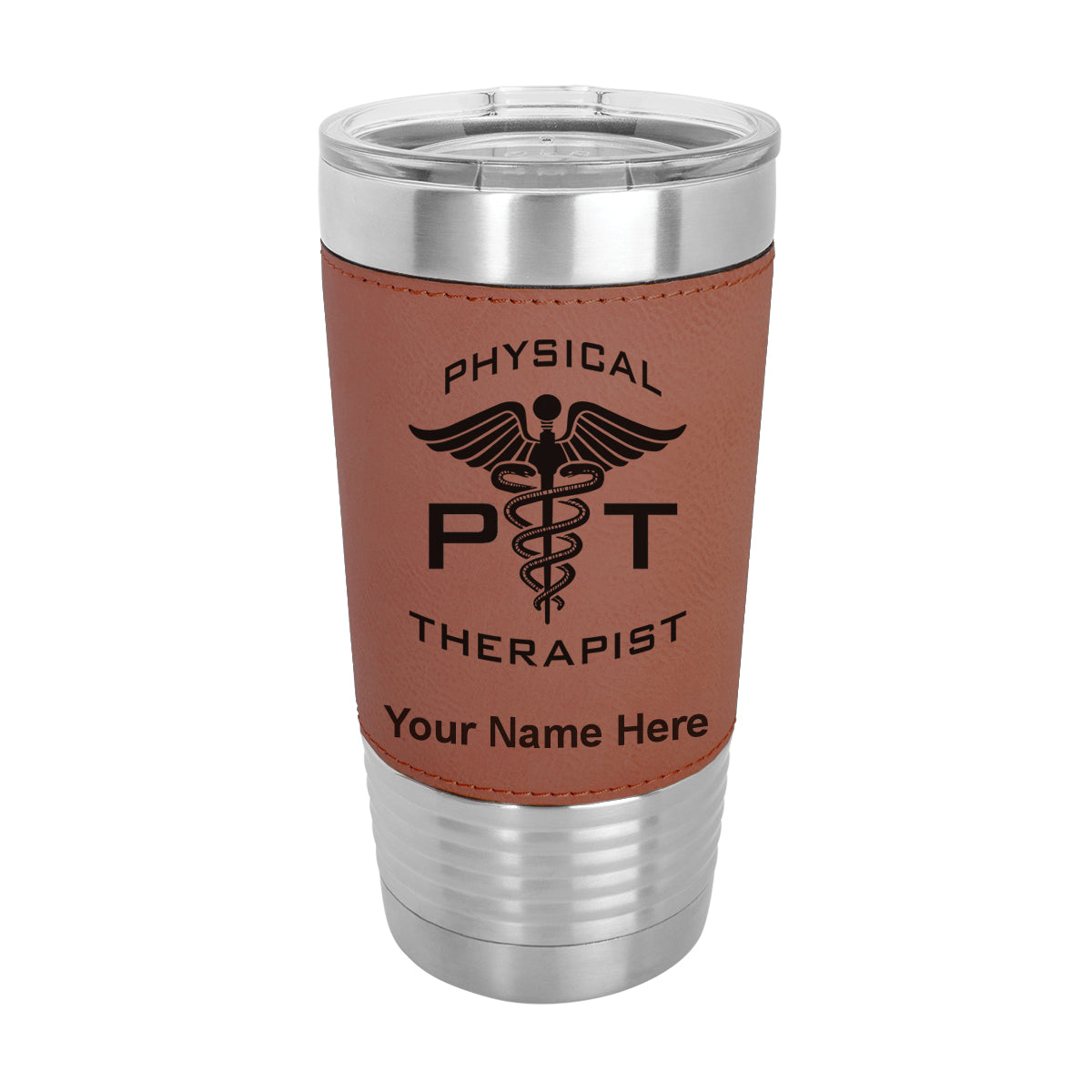 20oz Faux Leather Tumbler Mug, PT Physical Therapist, Personalized Engraving Included - LaserGram Custom Engraved Gifts