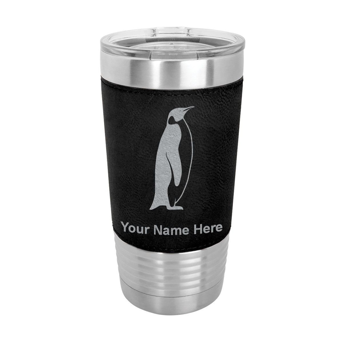 20oz Faux Leather Tumbler Mug, Penguin, Personalized Engraving Included - LaserGram Custom Engraved Gifts