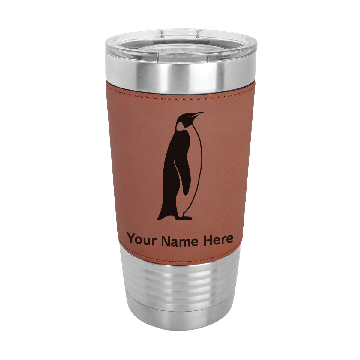 20oz Faux Leather Tumbler Mug, Penguin, Personalized Engraving Included - LaserGram Custom Engraved Gifts