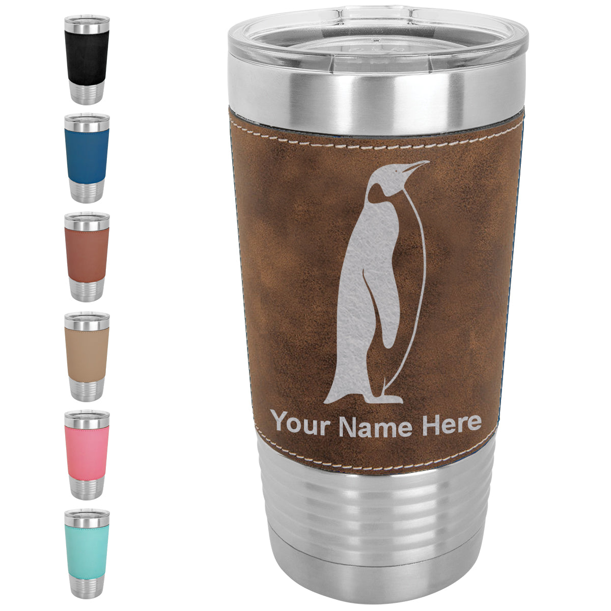 20oz Faux Leather Tumbler Mug, Penguin, Personalized Engraving Included - LaserGram Custom Engraved Gifts