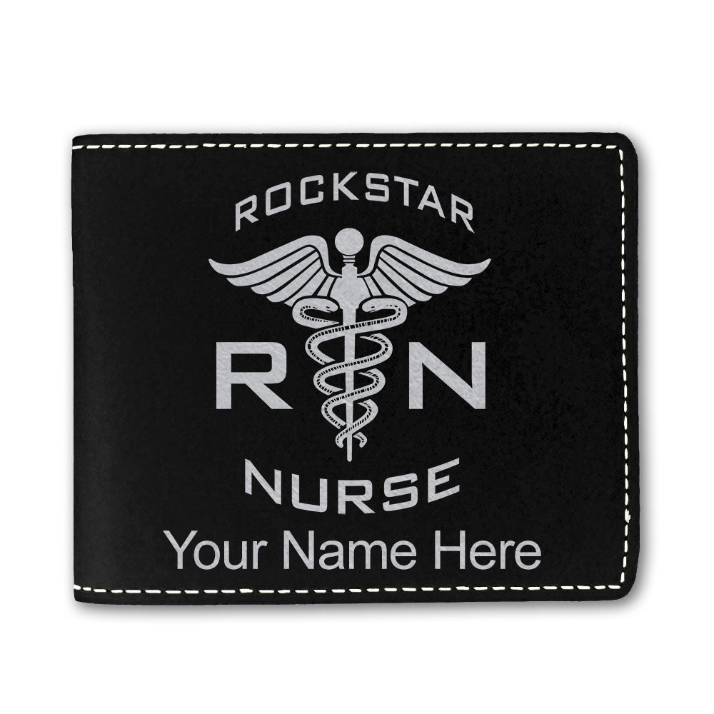 Faux Leather Bi-Fold Wallet, RN Rockstar Nurse, Personalized Engraving Included