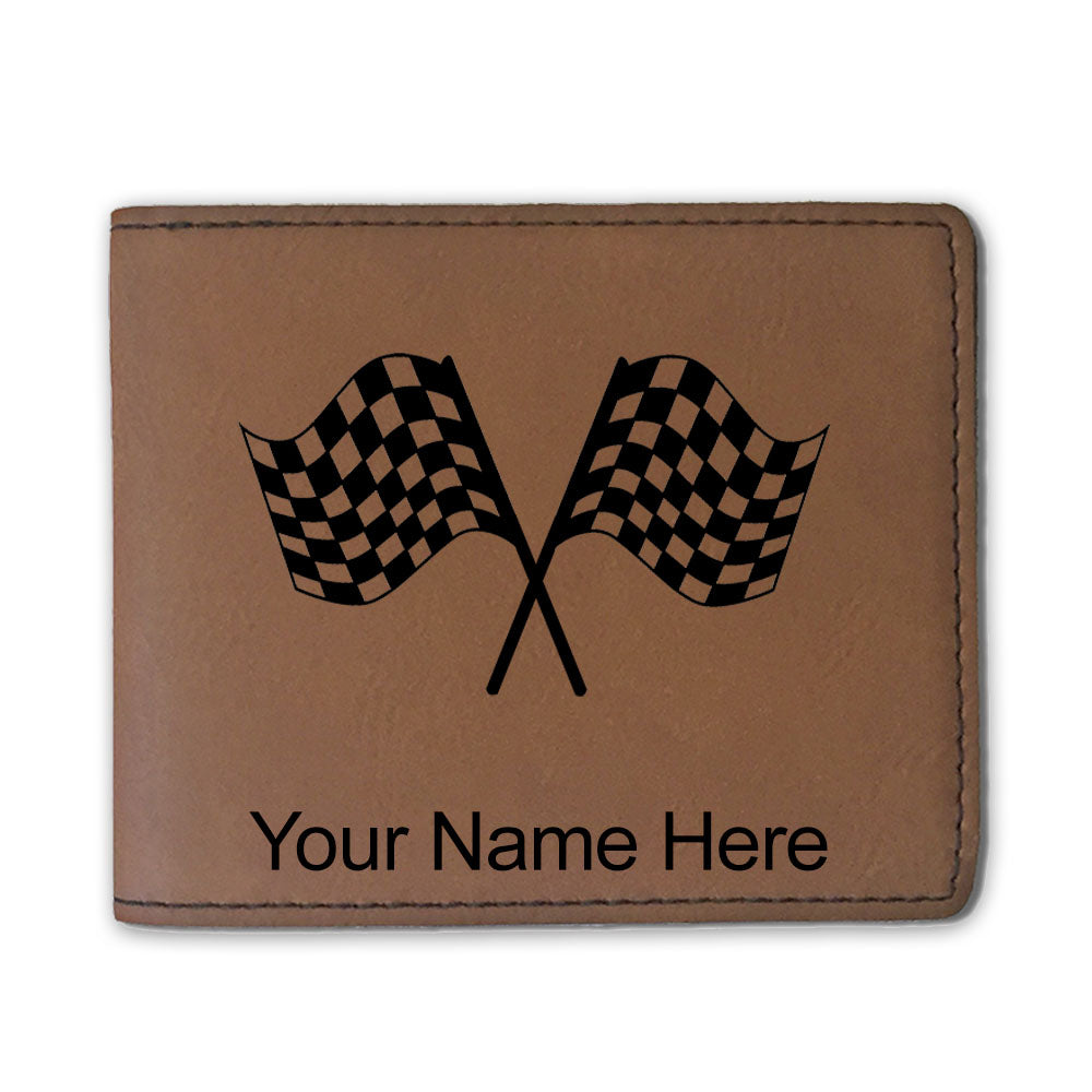 Faux Leather Bi-Fold Wallet, Racing Flags, Personalized Engraving Included