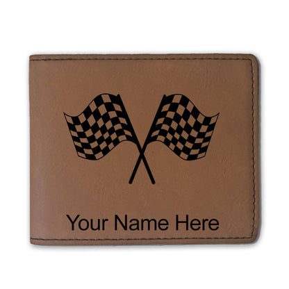 Faux Leather Bi-Fold Wallet, Racing Flags, Personalized Engraving Included