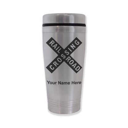 Commuter Travel Mug, Railroad Crossing Sign 1, Personalized Engraving Included