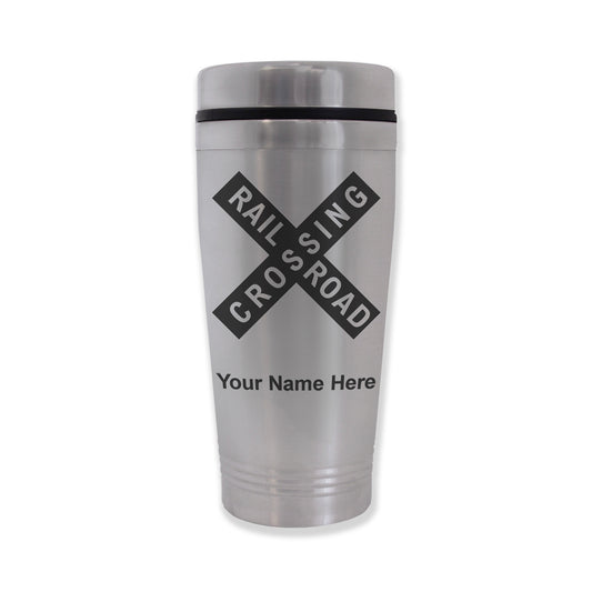 Commuter Travel Mug, Railroad Crossing Sign 1, Personalized Engraving Included
