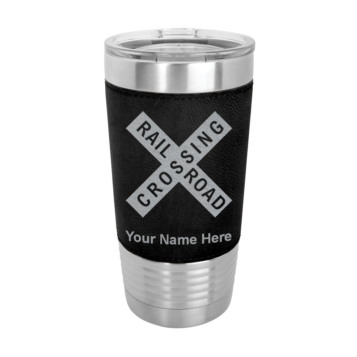 20oz Faux Leather Tumbler Mug, Railroad Crossing Sign 1, Personalized Engraving Included - LaserGram Custom Engraved Gifts