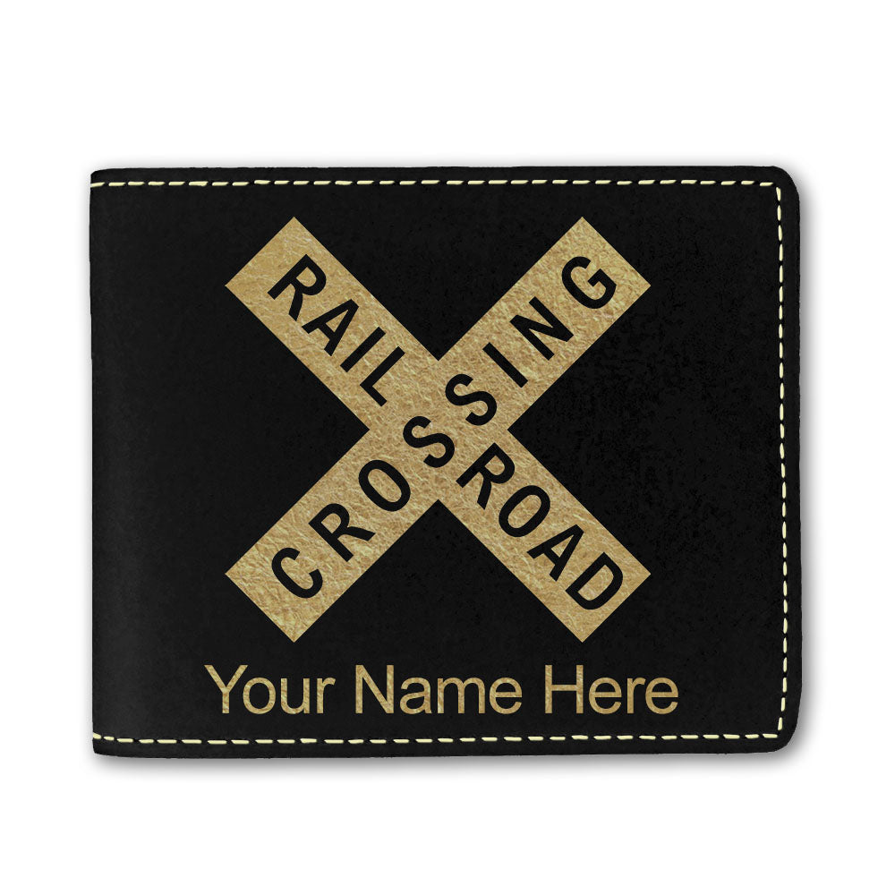 Faux Leather Bi-Fold Wallet, Railroad Crossing Sign 1, Personalized Engraving Included