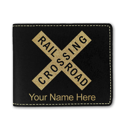 Faux Leather Bi-Fold Wallet, Railroad Crossing Sign 1, Personalized Engraving Included