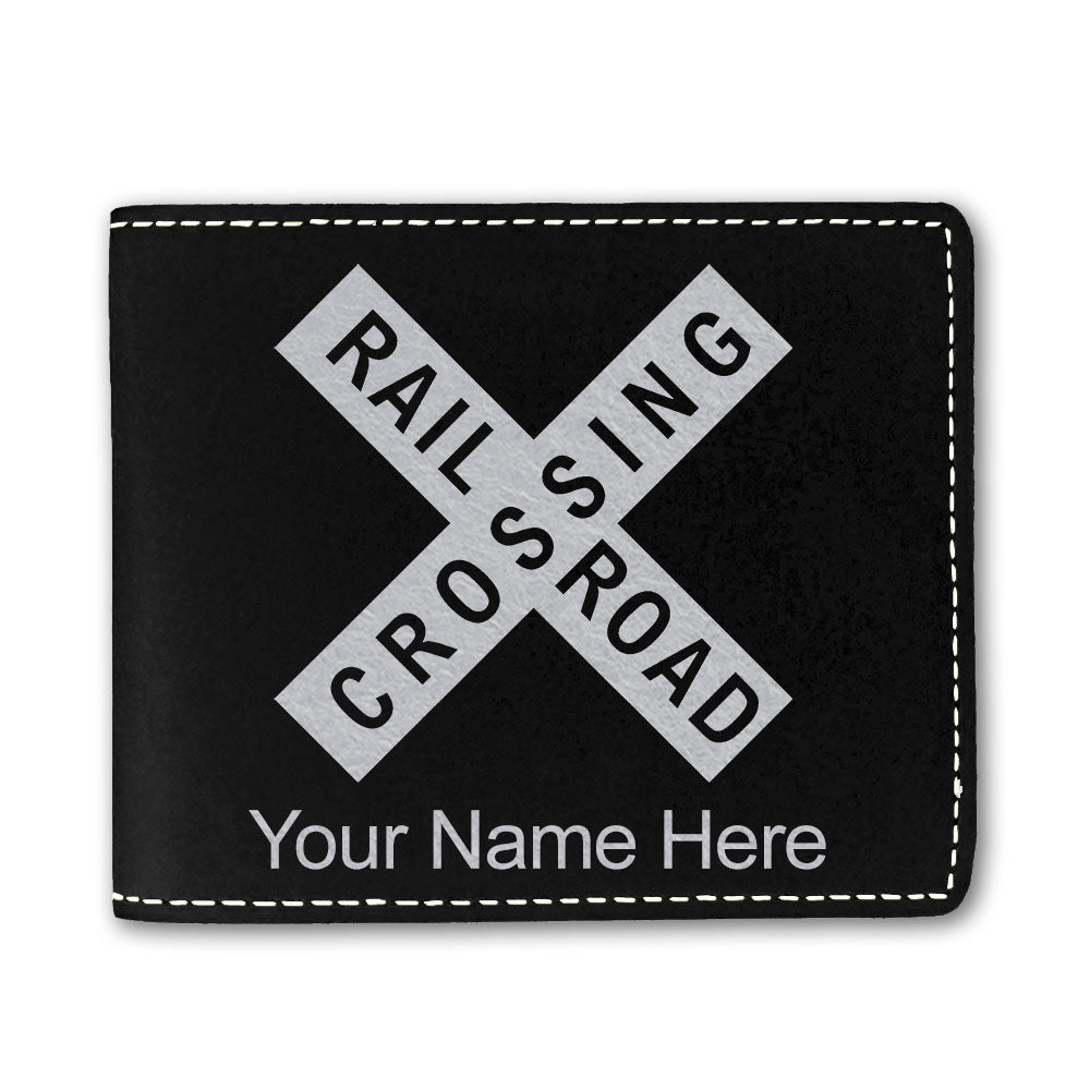 Faux Leather Bi-Fold Wallet, Railroad Crossing Sign 1, Personalized Engraving Included