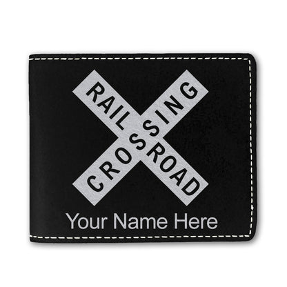 Faux Leather Bi-Fold Wallet, Railroad Crossing Sign 1, Personalized Engraving Included